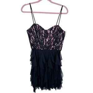 DEB Y2K Vintage Black Pink Lace Bustier Ruffled Tulle Skirt Mini‎ Dress Sz 13 14